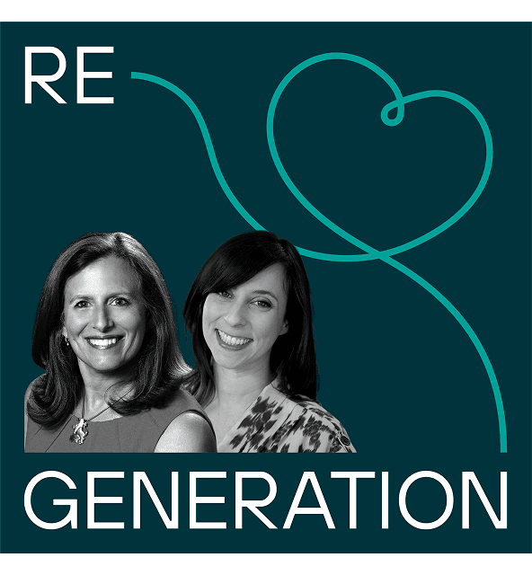 Regeneration podcast cover showing two hosts against a teal background with a heart-shaped line graphic